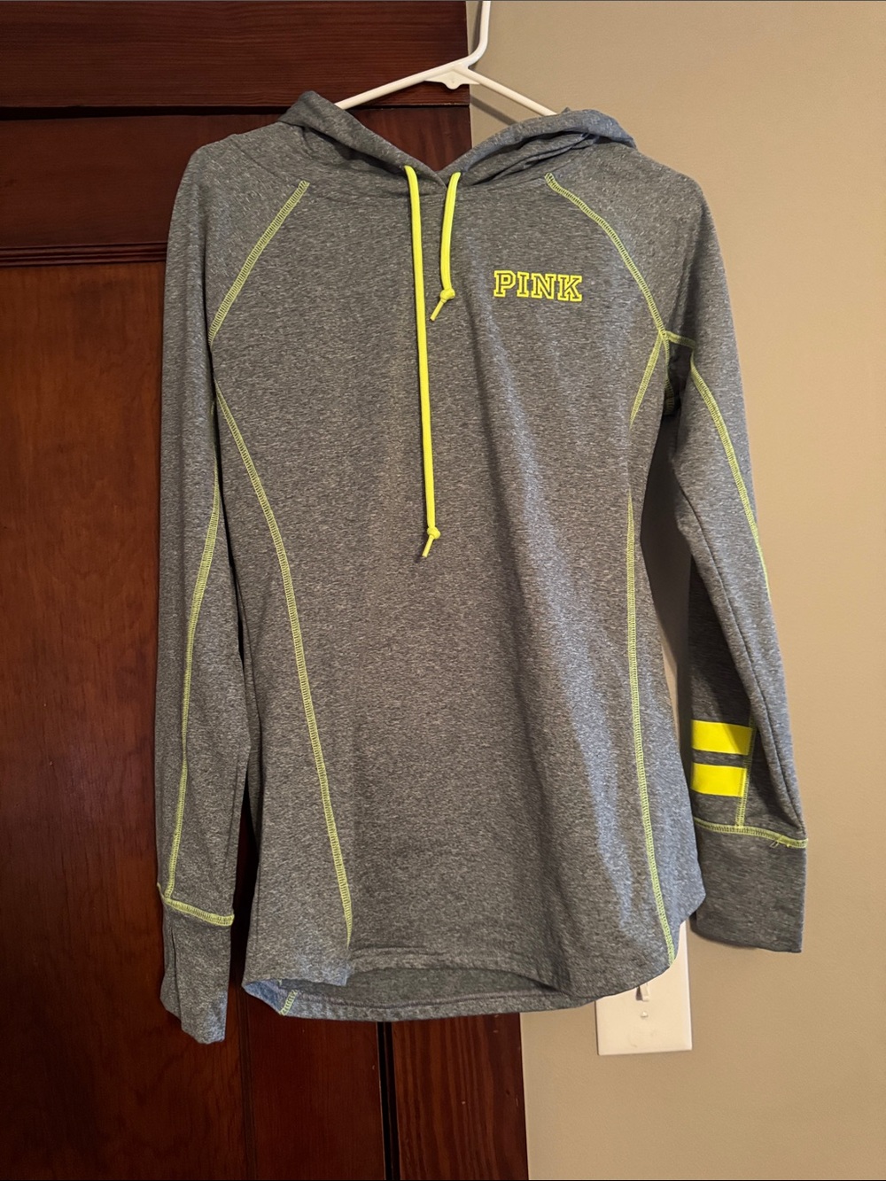 PINK Victoria's Secret Gray Hooded Swim Rash Guard with Neon Yellow Accents